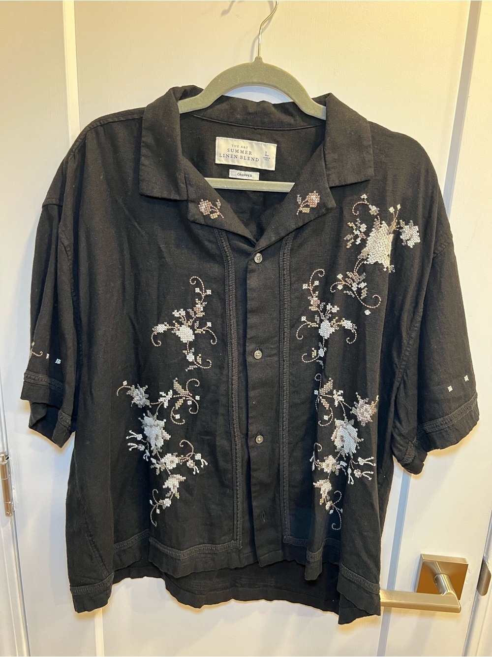 Black Abercrombie Button-Up Shirt with White Floral Details